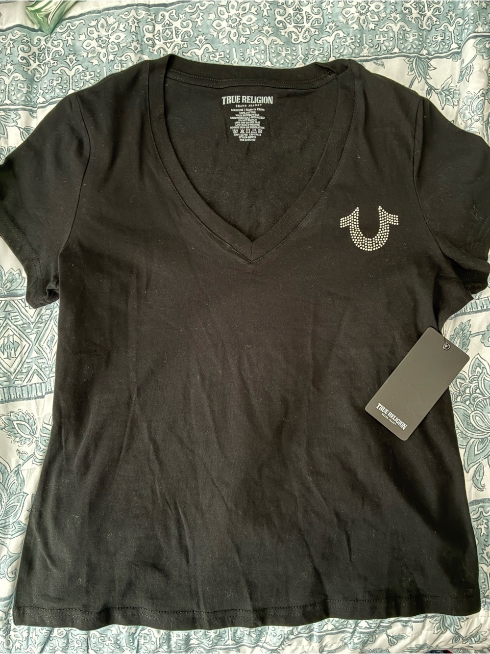 True Religion Black V-Neck Tee with Rhinestone Logo